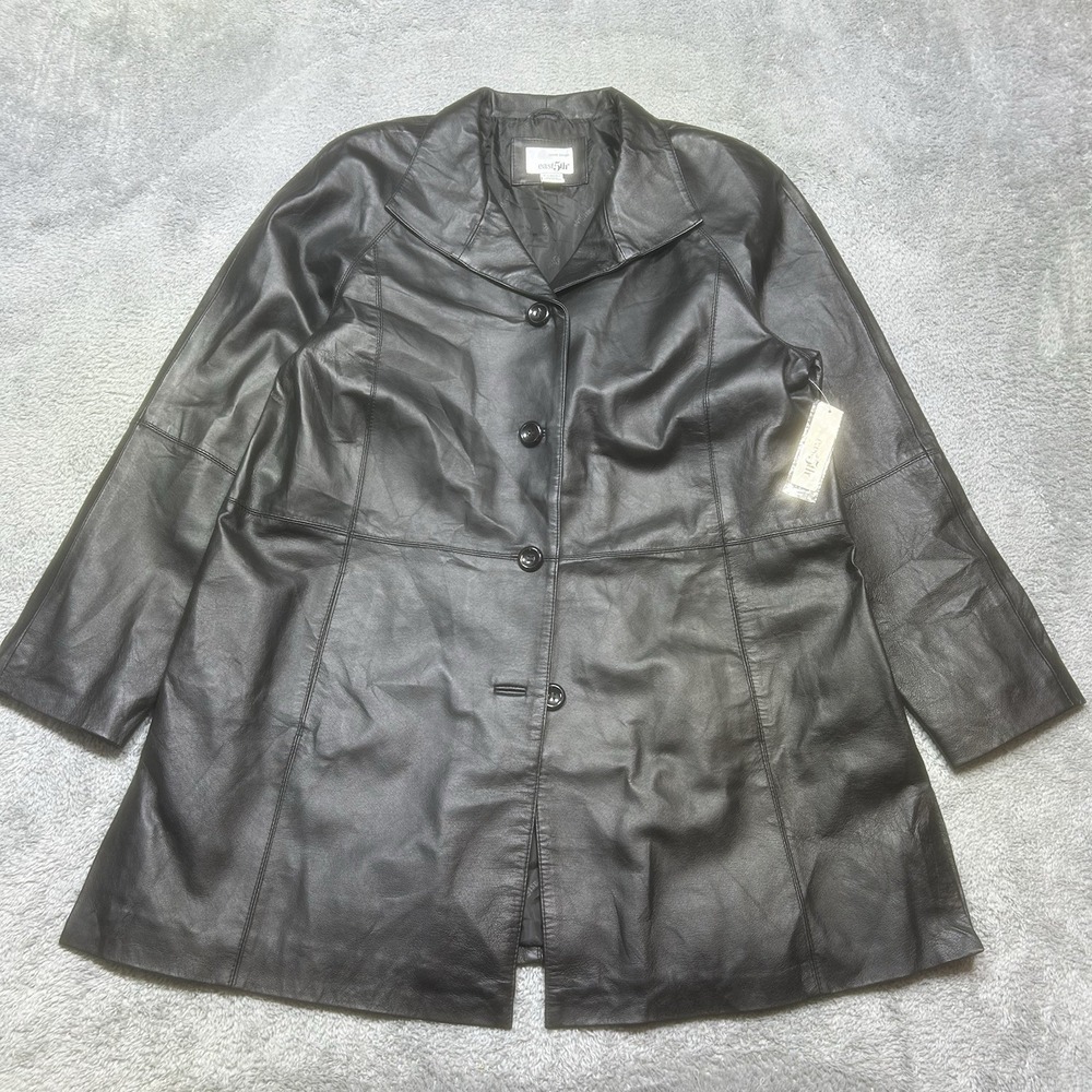 Vintage East 5th Leather Jacket Women's Size XL Black Trench Coat Button up Long